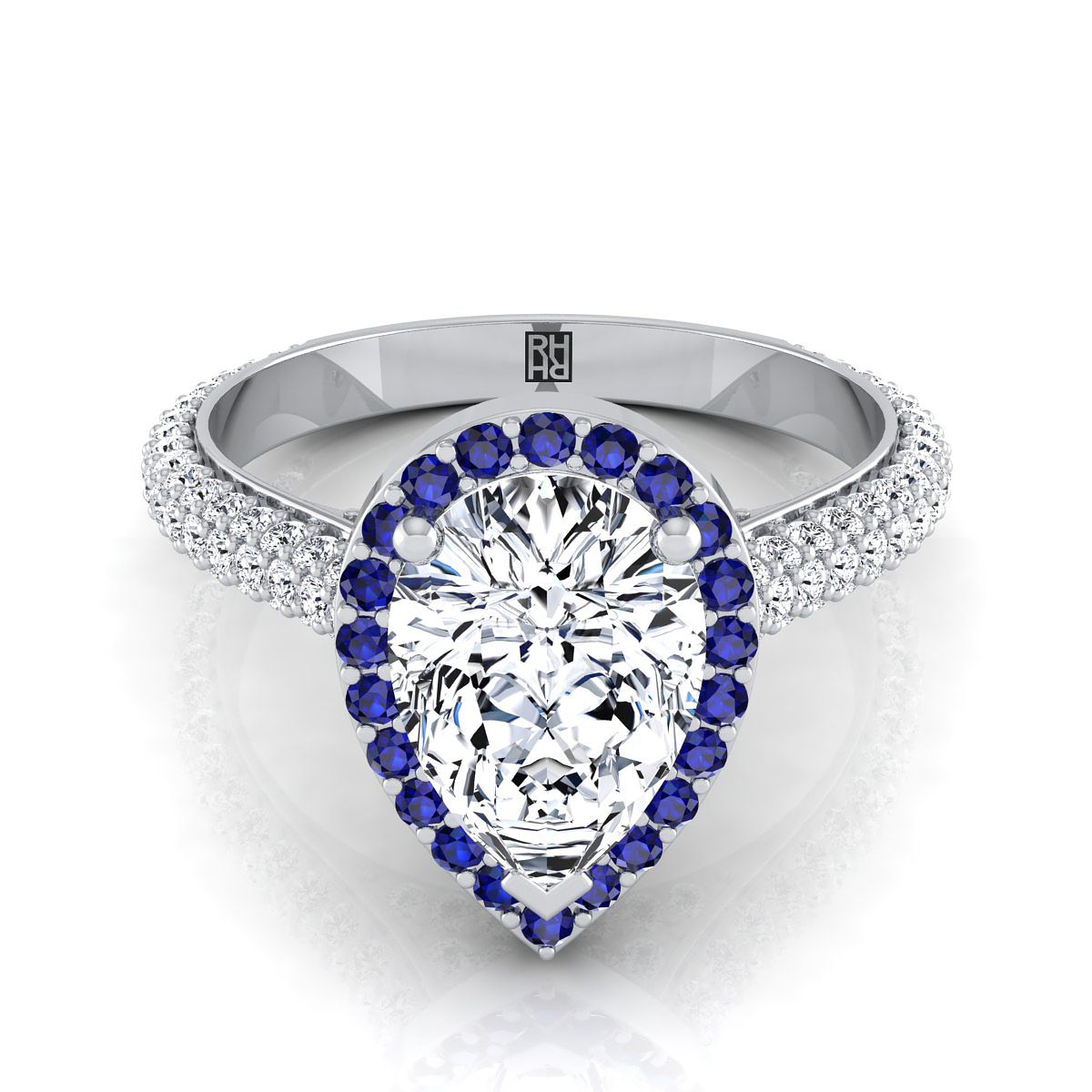 18K White Gold Pear Shape Center Sapphire Micro-Pavé Halo With Pave Side Diamond Engagement Ring -7/8ctw
