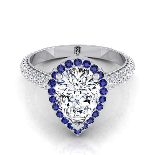 Platinum Pear Shape Center Sapphire Micro-Pavé Halo With Pave Side Diamond Engagement Ring -7/8ctw