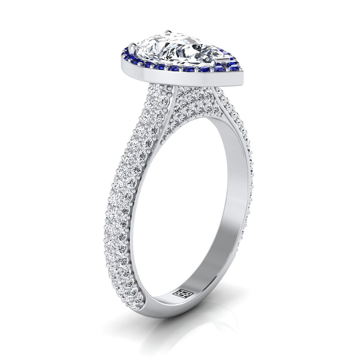 14K White Gold Pear Shape Center Sapphire Micro-Pavé Halo With Pave Side Diamond Engagement Ring -7/8ctw