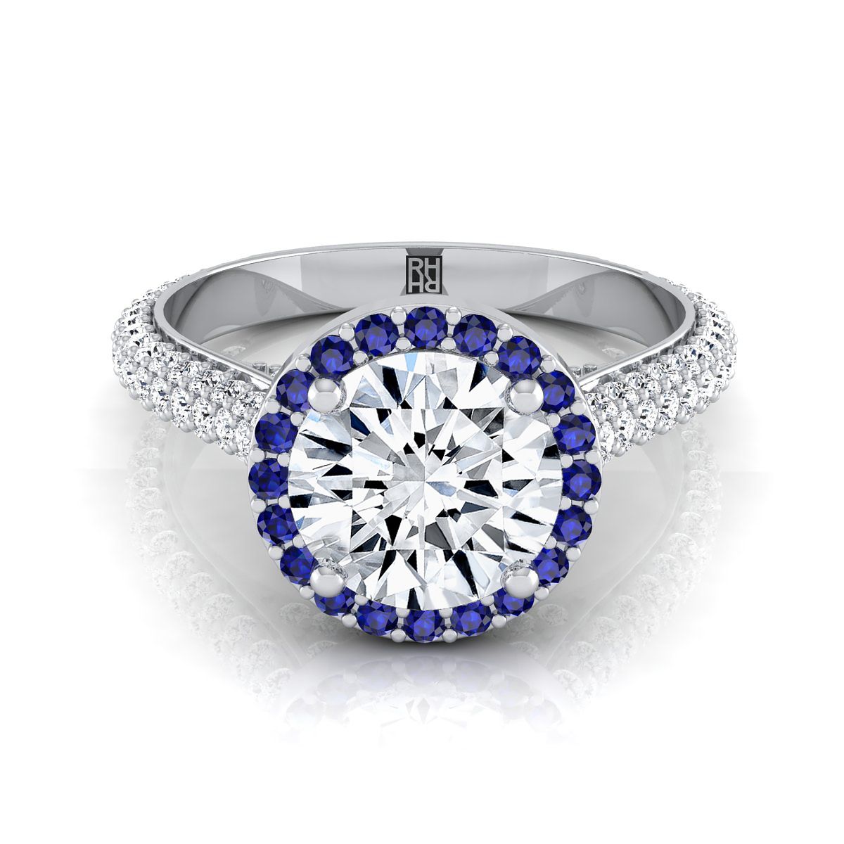 18K White Gold Round Brilliant  Micro-Pavé Halo With Pave Side Diamond Engagement Ring -7/8ctw