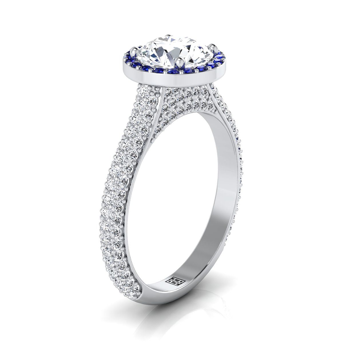 14K White Gold Round Brilliant  Micro-Pavé Halo With Pave Side Diamond Engagement Ring -7/8ctw
