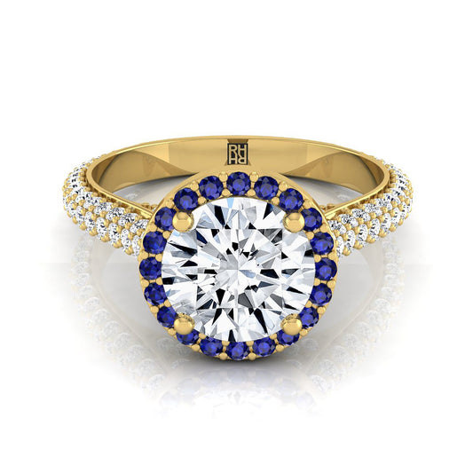 18K Yellow Gold Round Brilliant  Micro-Pavé Halo With Pave Side Diamond Engagement Ring -7/8ctw