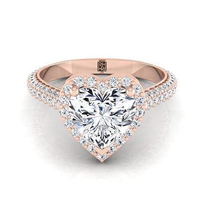 14K Rose Gold Heart Shape Center Diamond Micro-Pavé Halo Engagement Ring -7/8ctw
