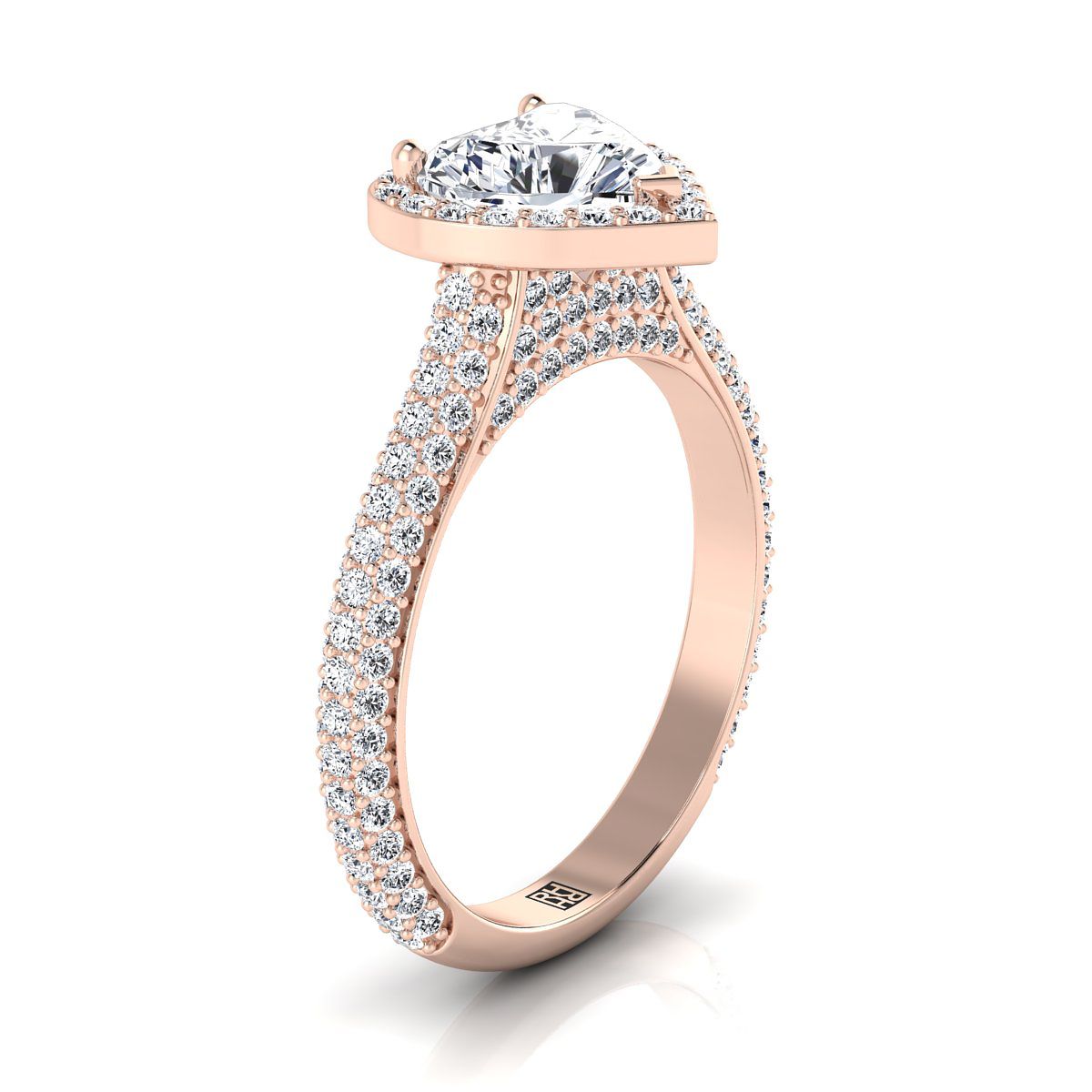 14K Rose Gold Heart Shape Center Diamond Micro-Pavé Halo Engagement Ring -7/8ctw