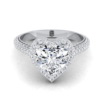 14K White Gold Heart Shape Center Diamond Micro-Pavé Halo Engagement Ring -7/8ctw