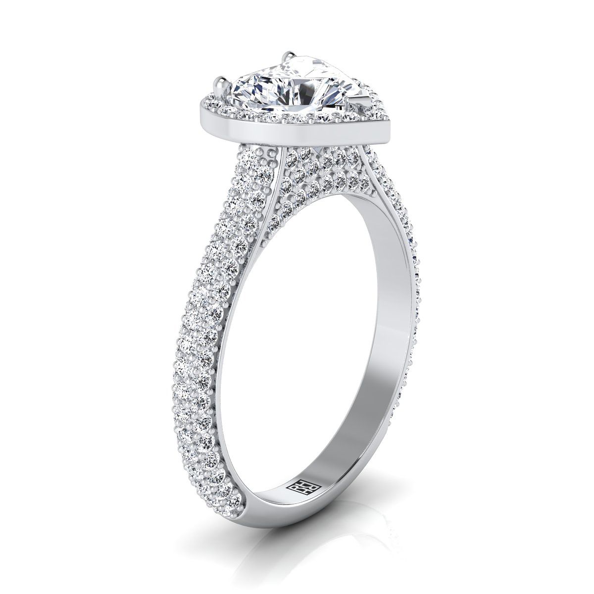 18K White Gold Heart Shape Center Diamond Micro-Pavé Halo Engagement Ring -7/8ctw
