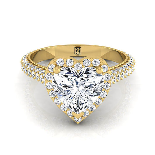 14K Yellow Gold Heart Shape Center Diamond Micro-Pavé Halo Engagement Ring -7/8ctw