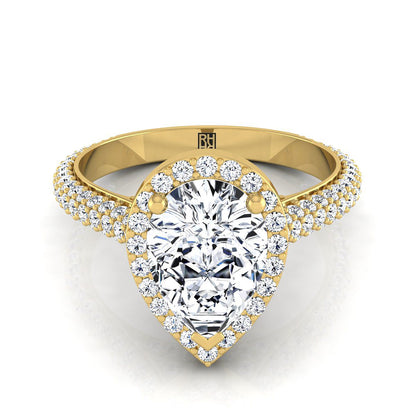 14K Yellow Gold Pear Shape Center Diamond Micro-Pavé Halo Engagement Ring -7/8ctw