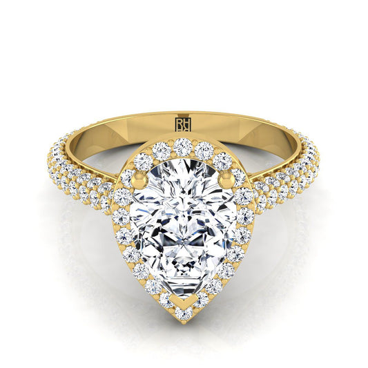 18K Yellow Gold Pear Shape Center Diamond Micro-Pavé Halo Engagement Ring -7/8ctw
