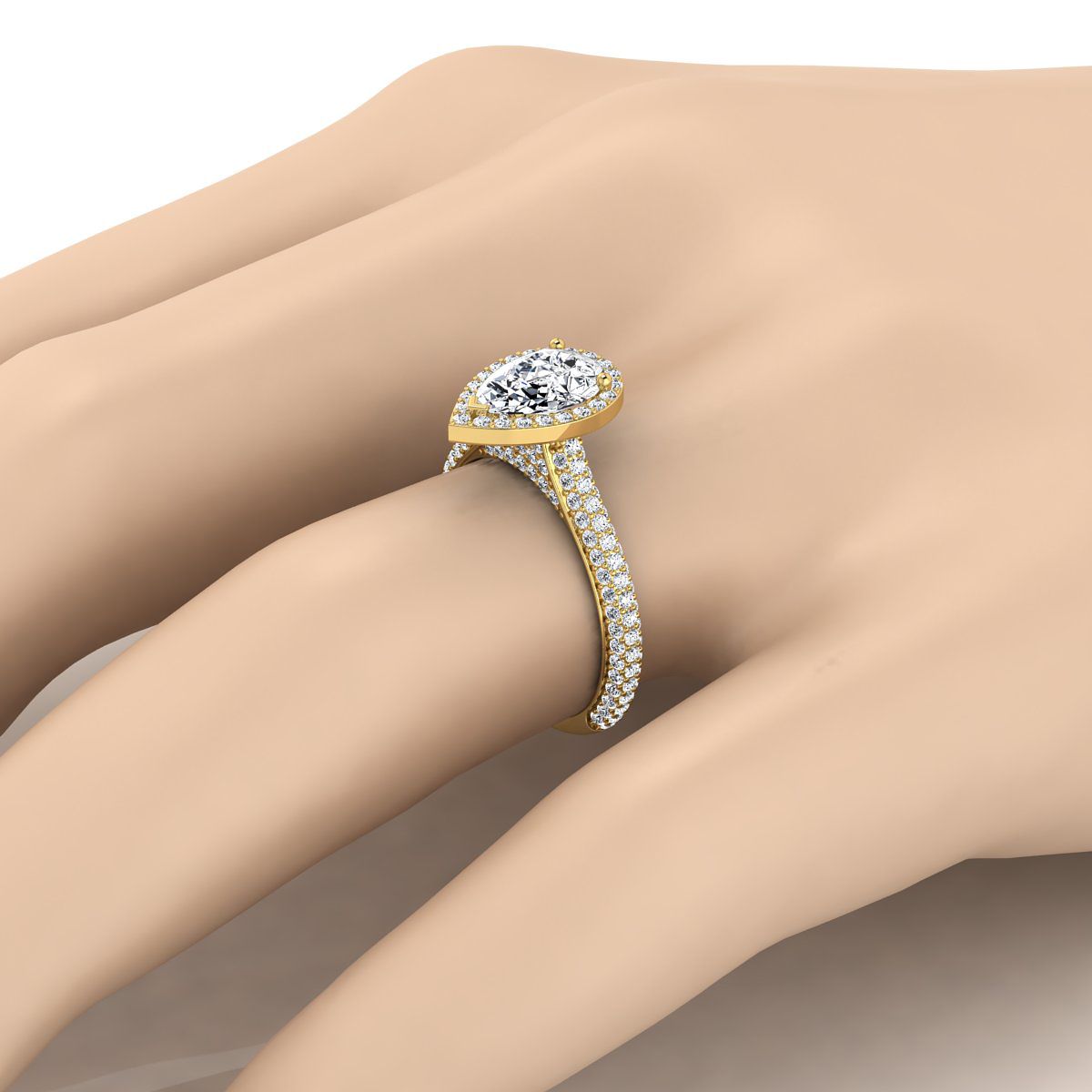 14K Yellow Gold Pear Shape Center Diamond Micro-Pavé Halo Engagement Ring -7/8ctw