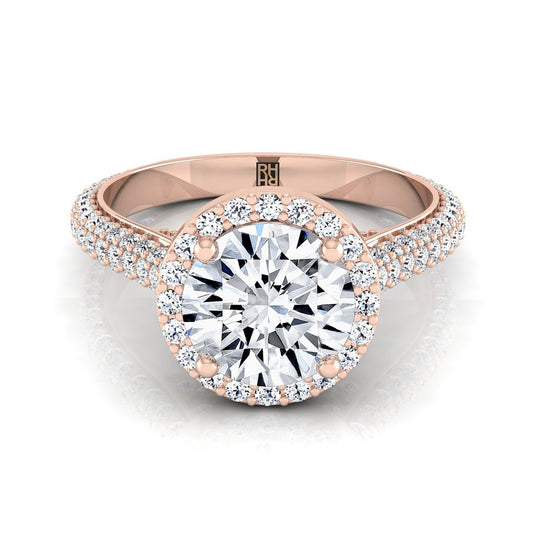 14K Rose Gold Round Brilliant Diamond Micro-Pavé Halo Engagement Ring -7/8ctw