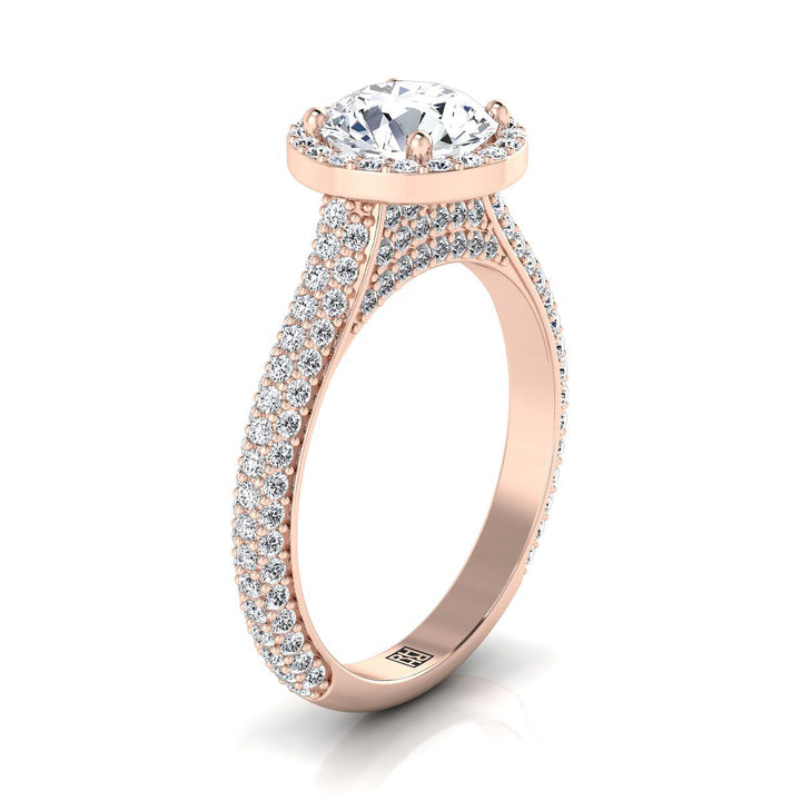 14K Rose Gold Round Brilliant Swiss Blue Topaz Micro-Pavé Halo With Pave Side Diamond Engagement Ring -7/8ctw