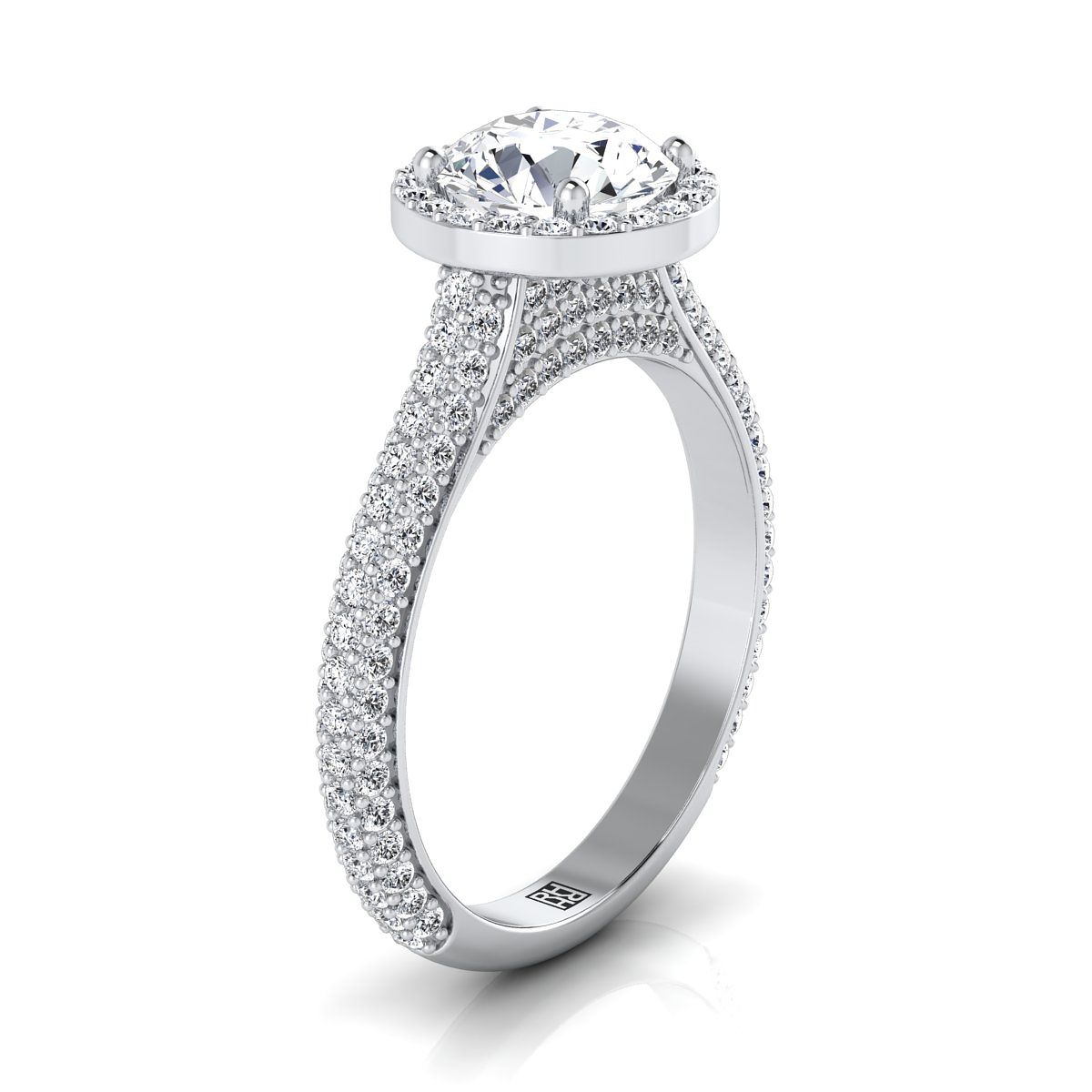 Platinum Round Brilliant Emerald Micro-Pavé Halo With Pave Side Diamond Engagement Ring -7/8ctw