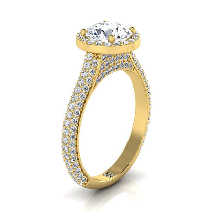 14K Yellow Gold Round Brilliant Aquamarine Micro-Pavé Halo With Pave Side Diamond Engagement Ring -7/8ctw