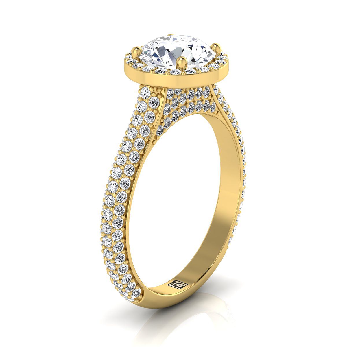 18K Yellow Gold Round Brilliant Aquamarine Micro-Pavé Halo With Pave Side Diamond Engagement Ring -7/8ctw