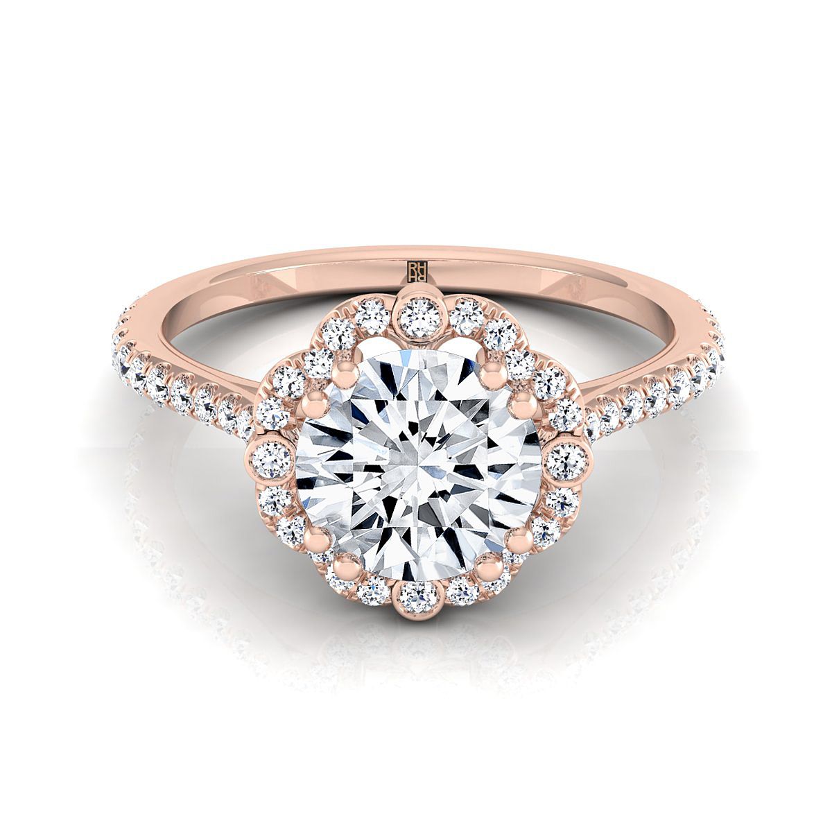 14K Rose Gold Round Brilliant Diamond Ornate Halo Vintage Inspired Engagement Ring -1/4ctw