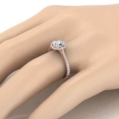 14K Rose Gold Round Brilliant Morganite Ornate Diamond Halo Vintage Inspired Engagement Ring -1/4ctw