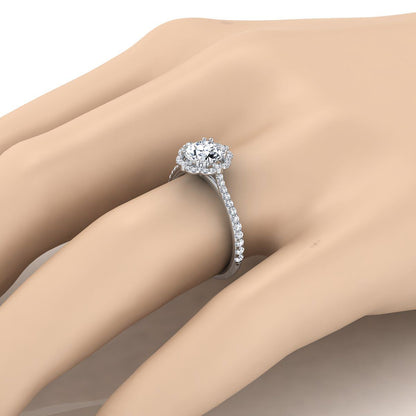 Platinum Round Brilliant Emerald Ornate Diamond Halo Vintage Inspired Engagement Ring -1/4ctw