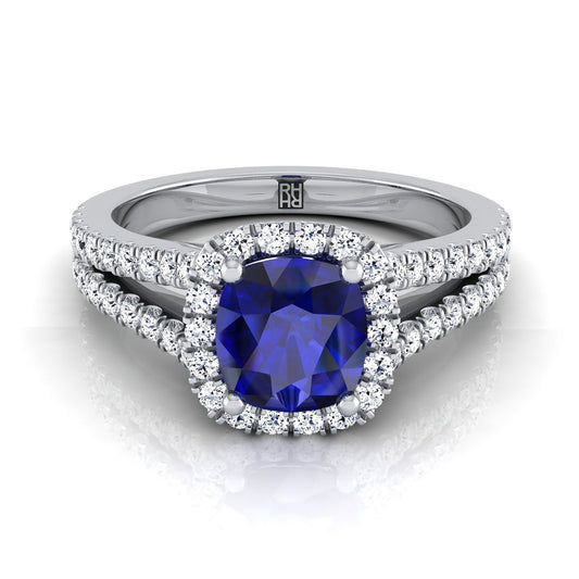 18K White Gold Cushion Sapphire Halo Center with French Pave Split Shank Engagement Ring -3/8ctw