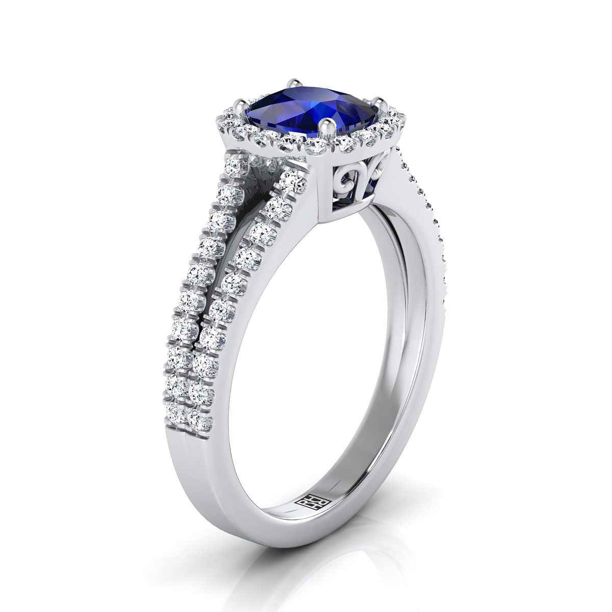 Platinum Cushion Sapphire Halo Center with French Pave Split Shank Engagement Ring -3/8ctw
