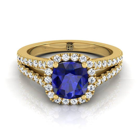 14K Yellow Gold Cushion Sapphire Halo Center with French Pave Split Shank Engagement Ring -3/8ctw
