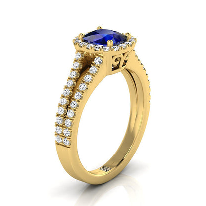 18K Yellow Gold Cushion Sapphire Halo Center with French Pave Split Shank Engagement Ring -3/8ctw