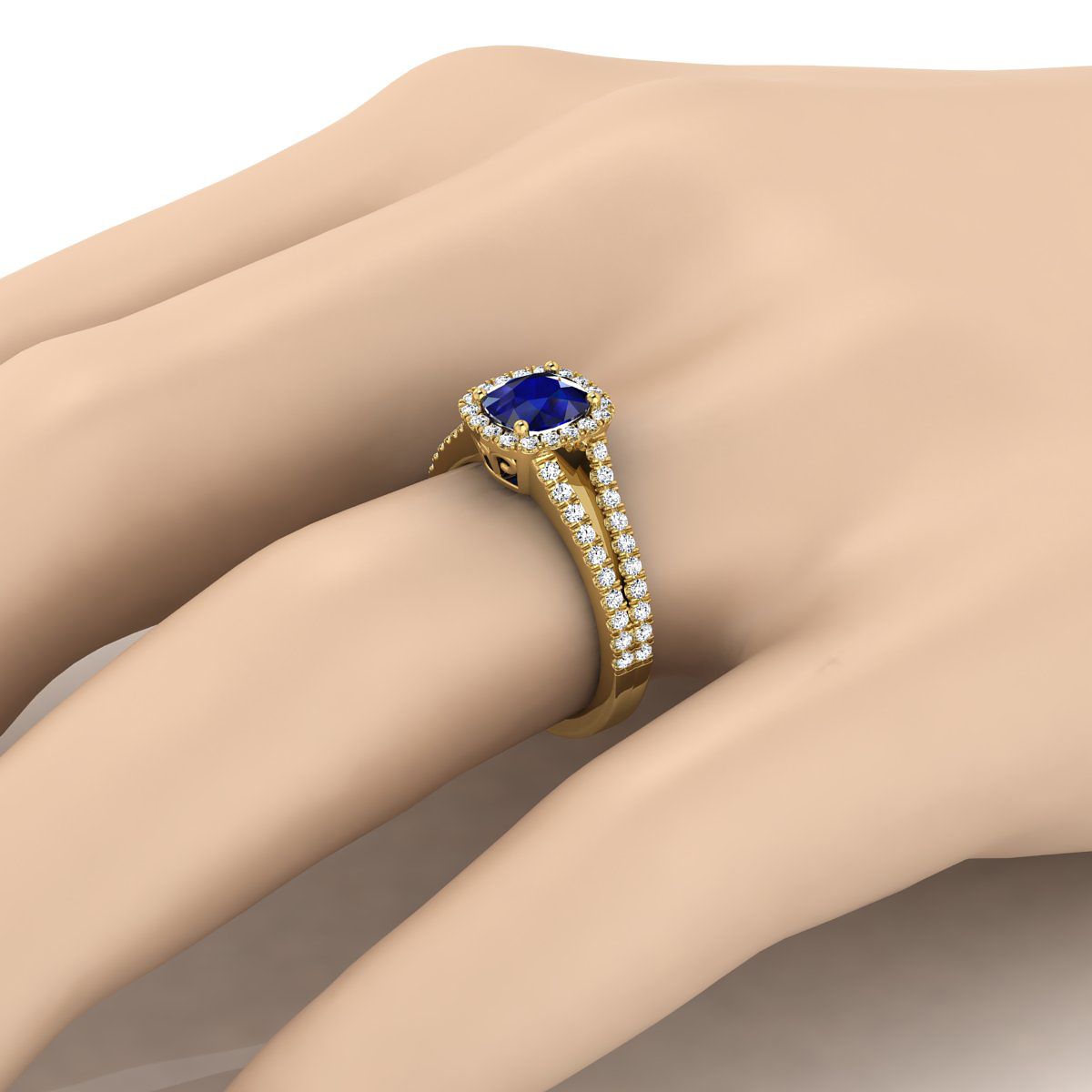 18K Yellow Gold Cushion Sapphire Halo Center with French Pave Split Shank Engagement Ring -3/8ctw