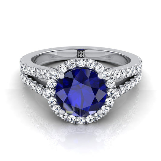 18K White Gold Round Brilliant Sapphire Halo Center with French Pave Split Shank Engagement Ring -3/8ctw