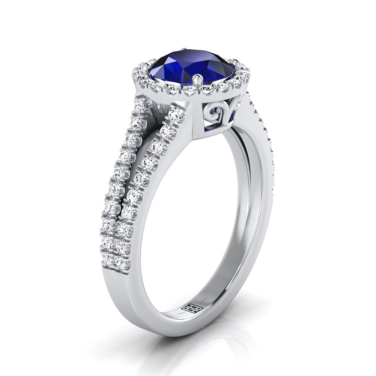 18K White Gold Round Brilliant Sapphire Halo Center with French Pave Split Shank Engagement Ring -3/8ctw