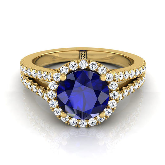 18K Yellow Gold Round Brilliant Sapphire Halo Center with French Pave Split Shank Engagement Ring -3/8ctw