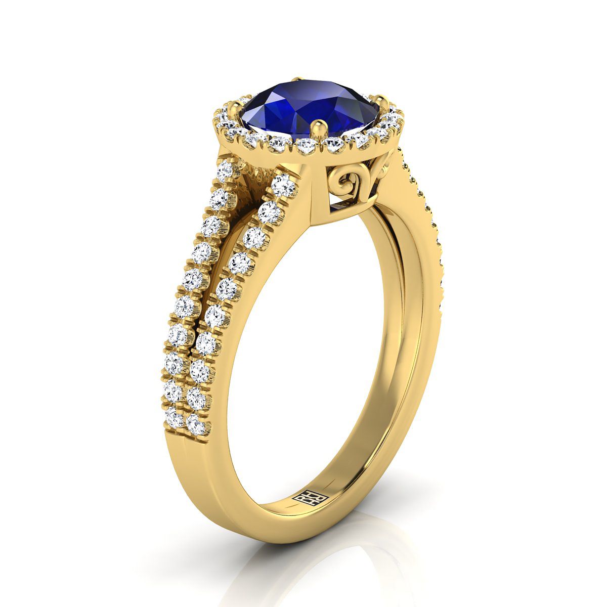 14K Yellow Gold Round Brilliant Sapphire Halo Center with French Pave Split Shank Engagement Ring -3/8ctw
