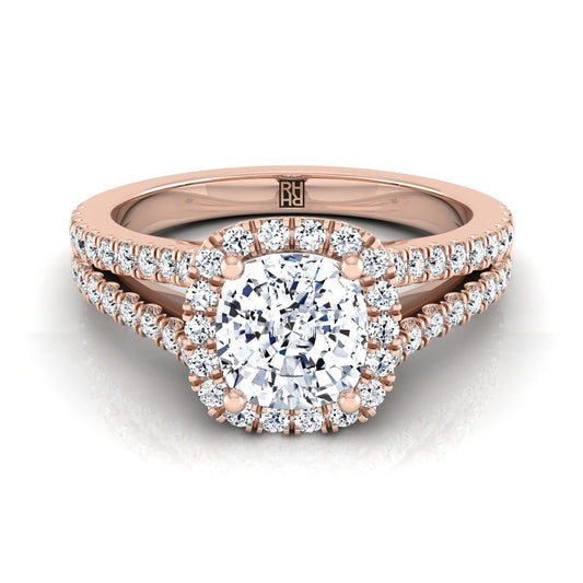 14K Rose Gold Cushion Diamond Halo Center with French Pave Split Shank Engagement Ring -3/8ctw