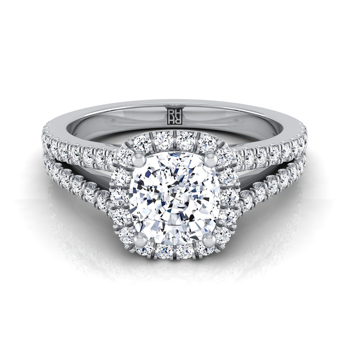 Platinum Cushion Diamond Halo Center with French Pave Split Shank Engagement Ring -3/8ctw