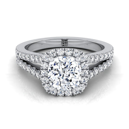 18K White Gold Cushion Diamond Halo Center with French Pave Split Shank Engagement Ring -3/8ctw