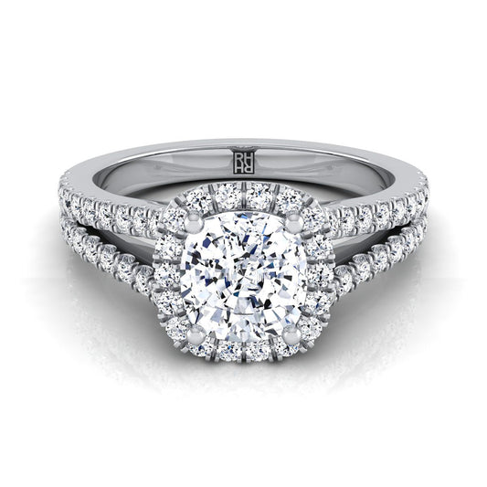 14K White Gold Cushion Diamond Halo Center with French Pave Split Shank Engagement Ring -3/8ctw