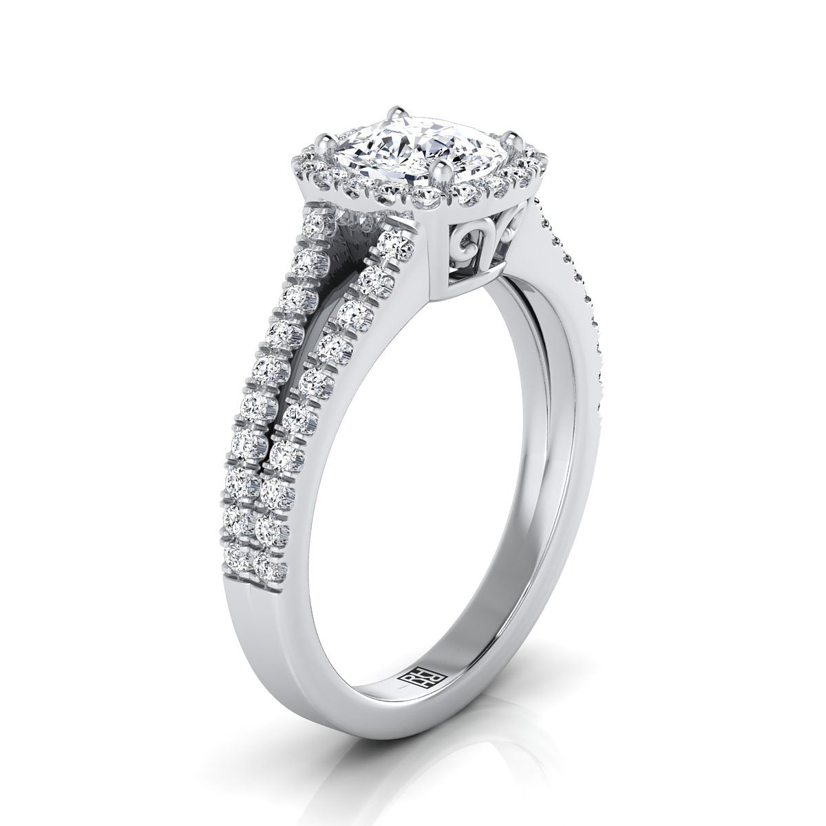 18K White Gold Cushion Diamond Halo Center with French Pave Split Shank Engagement Ring -3/8ctw