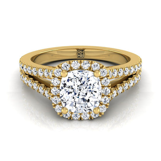 18K Yellow Gold Cushion Diamond Halo Center with French Pave Split Shank Engagement Ring -3/8ctw
