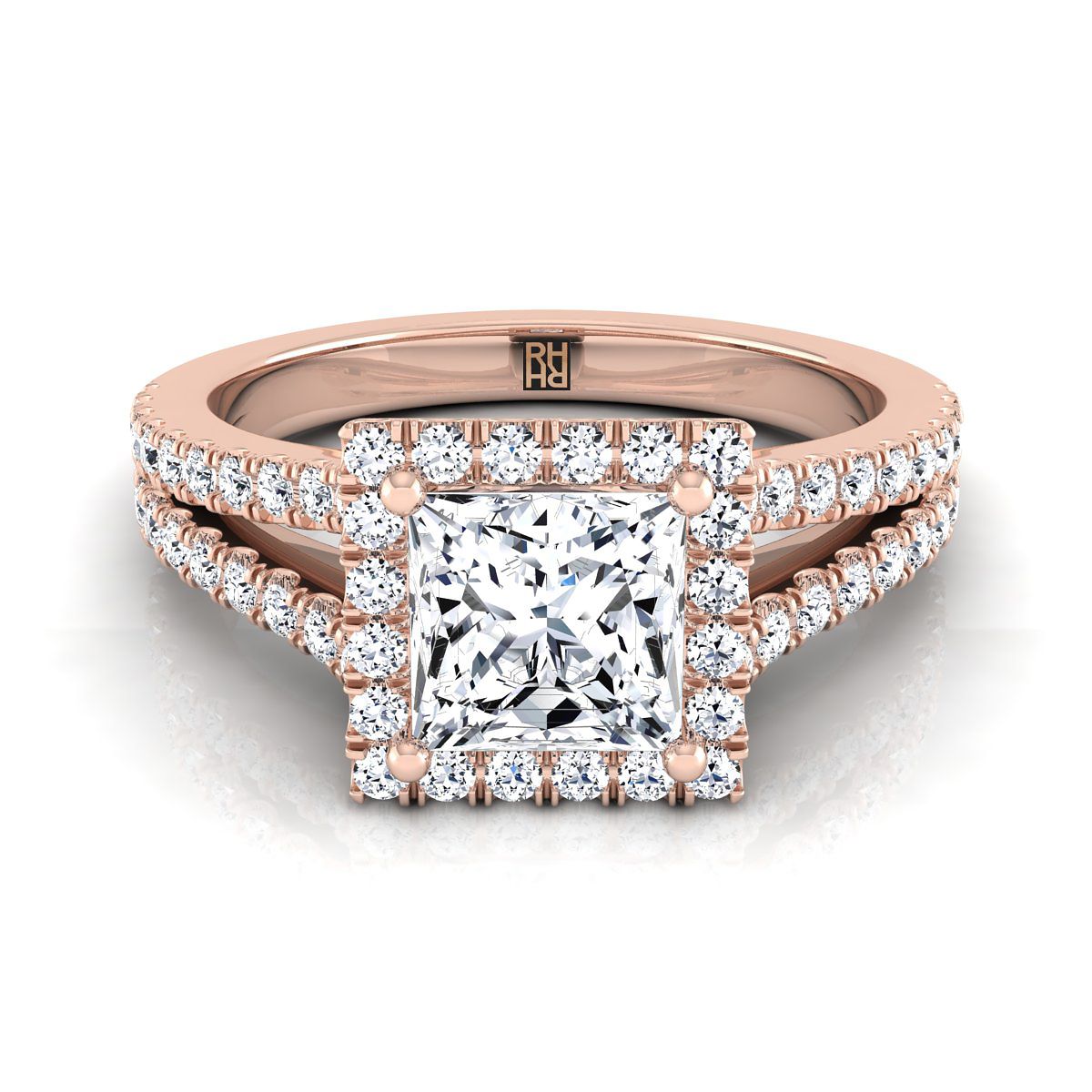 14K Rose Gold Princess Cut Diamond Halo Center with French Pave Split Shank Engagement Ring -3/8ctw