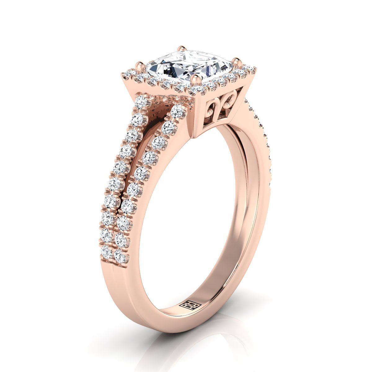 14K Rose Gold Princess Cut Diamond Halo Center with French Pave Split Shank Engagement Ring -3/8ctw