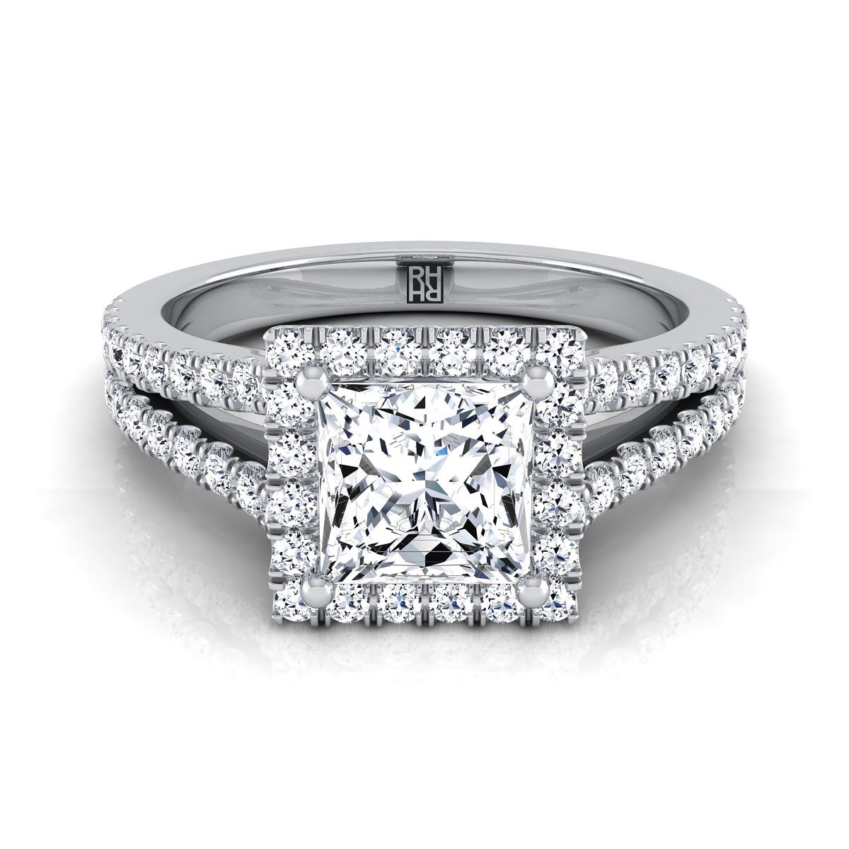 Platinum Princess Cut Diamond Halo Center with French Pave Split Shank Engagement Ring -3/8ctw