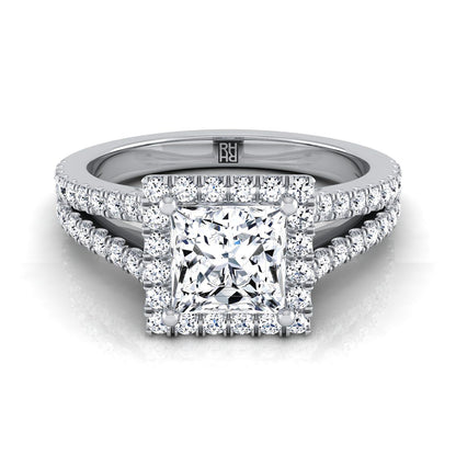 Platinum Princess Cut Diamond Halo Center with French Pave Split Shank Engagement Ring -3/8ctw