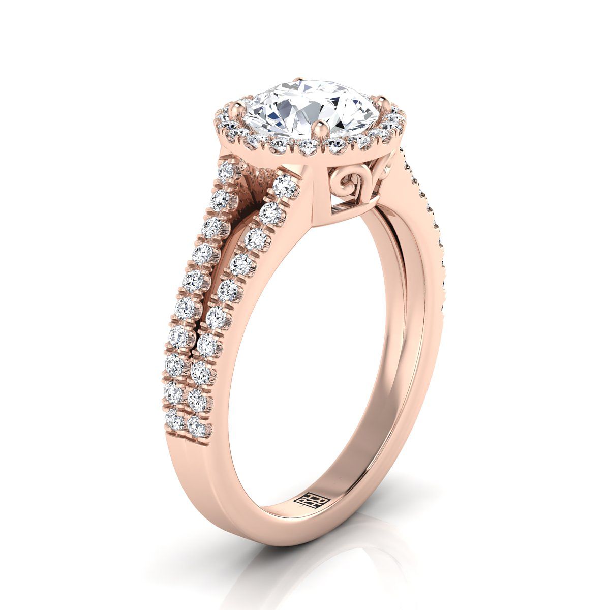 14K Rose Gold Round Brilliant Pink Sapphire Halo Center with French Pave Split Shank Engagement Ring -3/8ctw