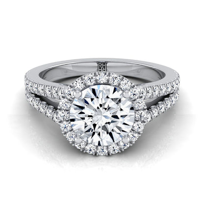 18K White Gold Round Brilliant Diamond Halo Center with French Pave Split Shank Engagement Ring -3/8ctw