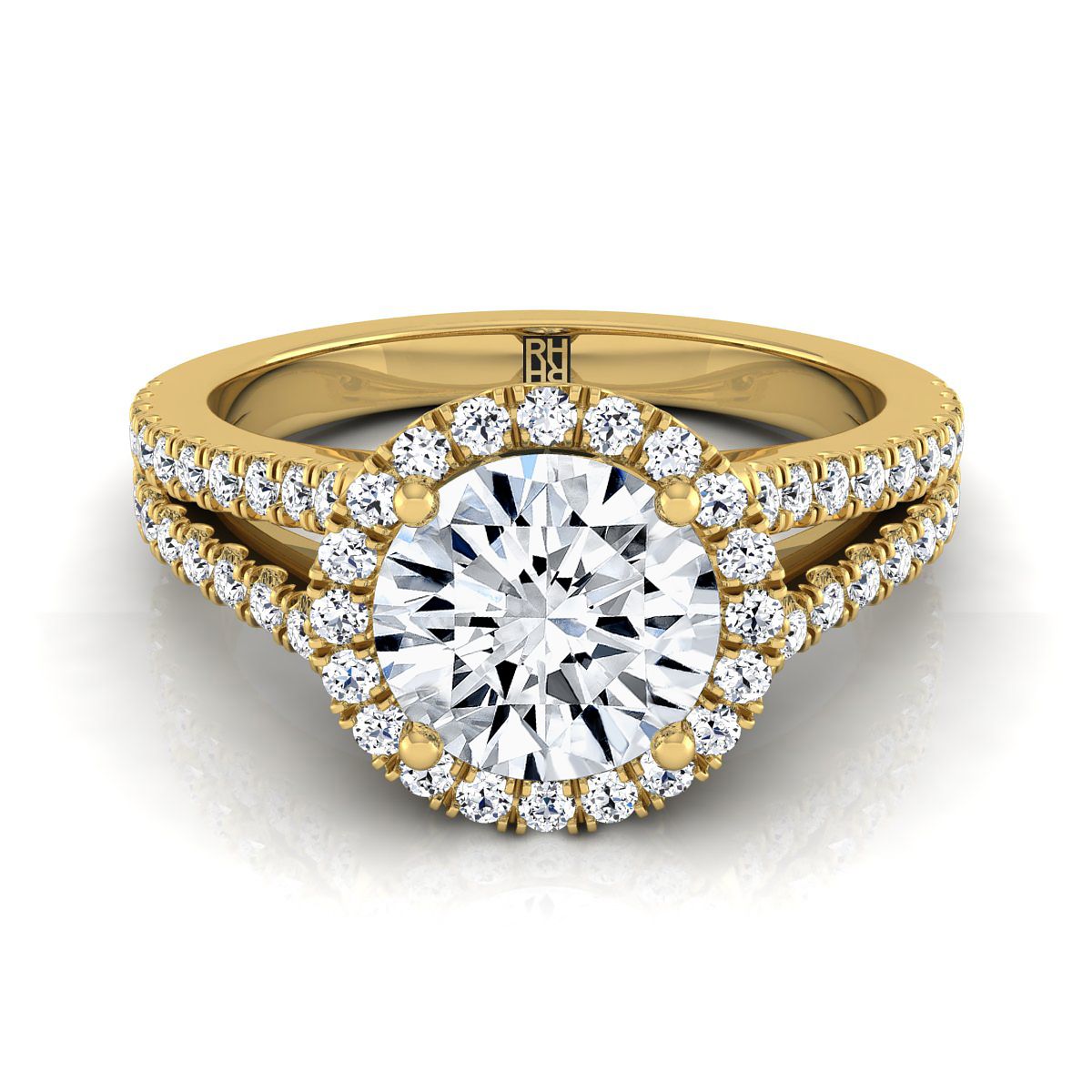 18K Yellow Gold Round Brilliant Diamond Halo Center with French Pave Split Shank Engagement Ring -3/8ctw