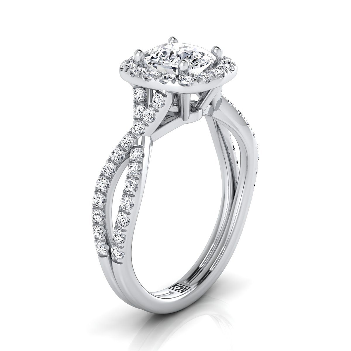 Platinum Cushion Diamond  Twisted Scalloped Pavé Halo Center Engagement Ring -1/2ctw