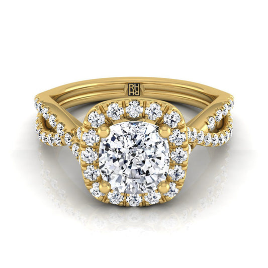 18K Yellow Gold Cushion Diamond  Twisted Scalloped Pavé Halo Center Engagement Ring -1/2ctw