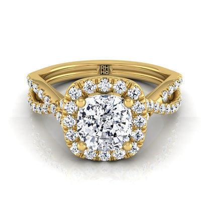 14K Yellow Gold Cushion Diamond  Twisted Scalloped Pavé Halo Center Engagement Ring -1/2ctw