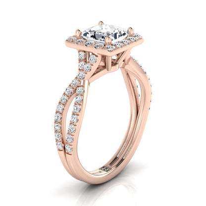 14K Rose Gold Princess Cut Diamond  Twisted Scalloped Pavé Halo Center Engagement Ring -1/2ctw