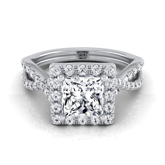 14K White Gold Princess Cut Diamond  Twisted Scalloped Pavé Halo Center Engagement Ring -1/2ctw