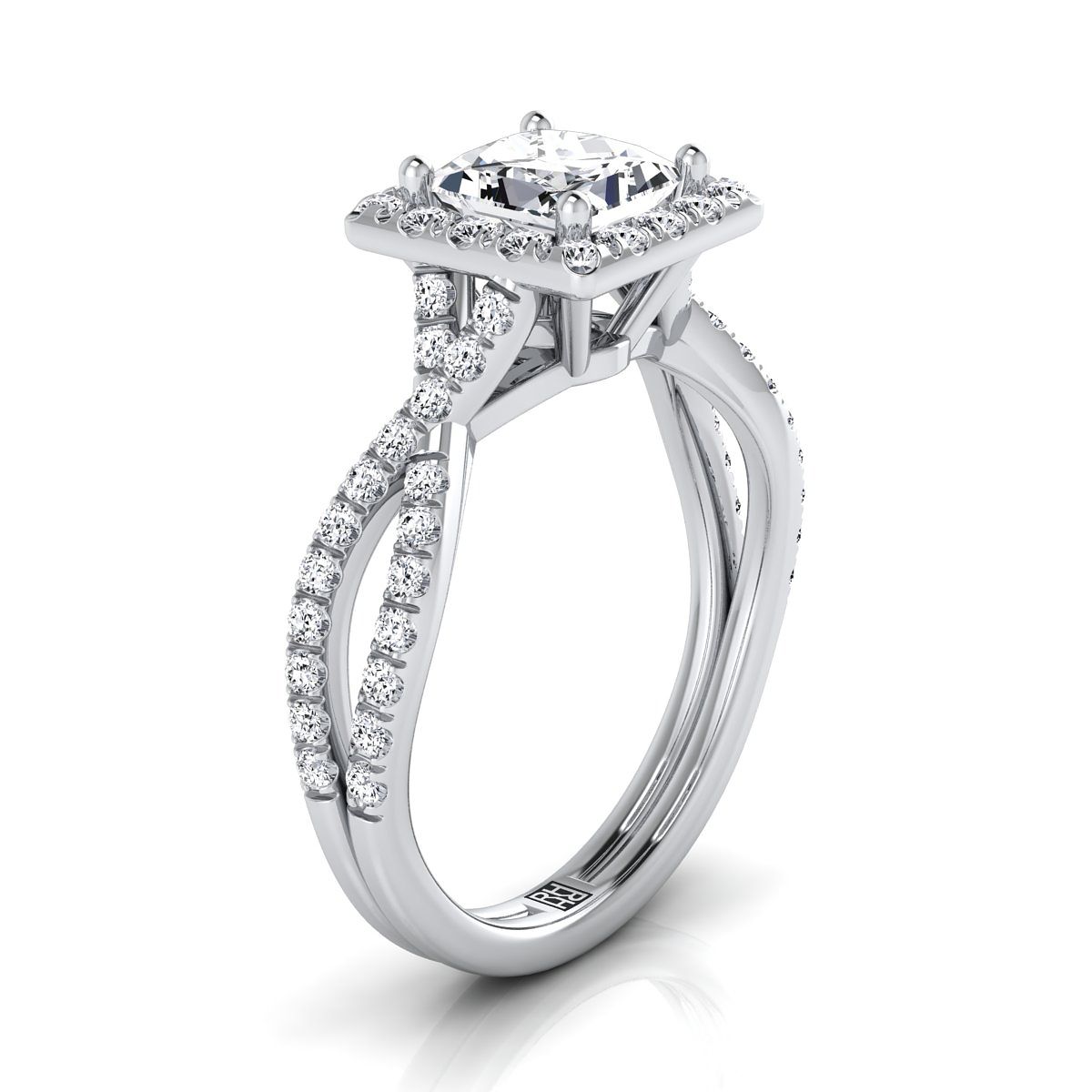 Platinum Princess Cut Diamond  Twisted Scalloped Pavé Halo Center Engagement Ring -1/2ctw